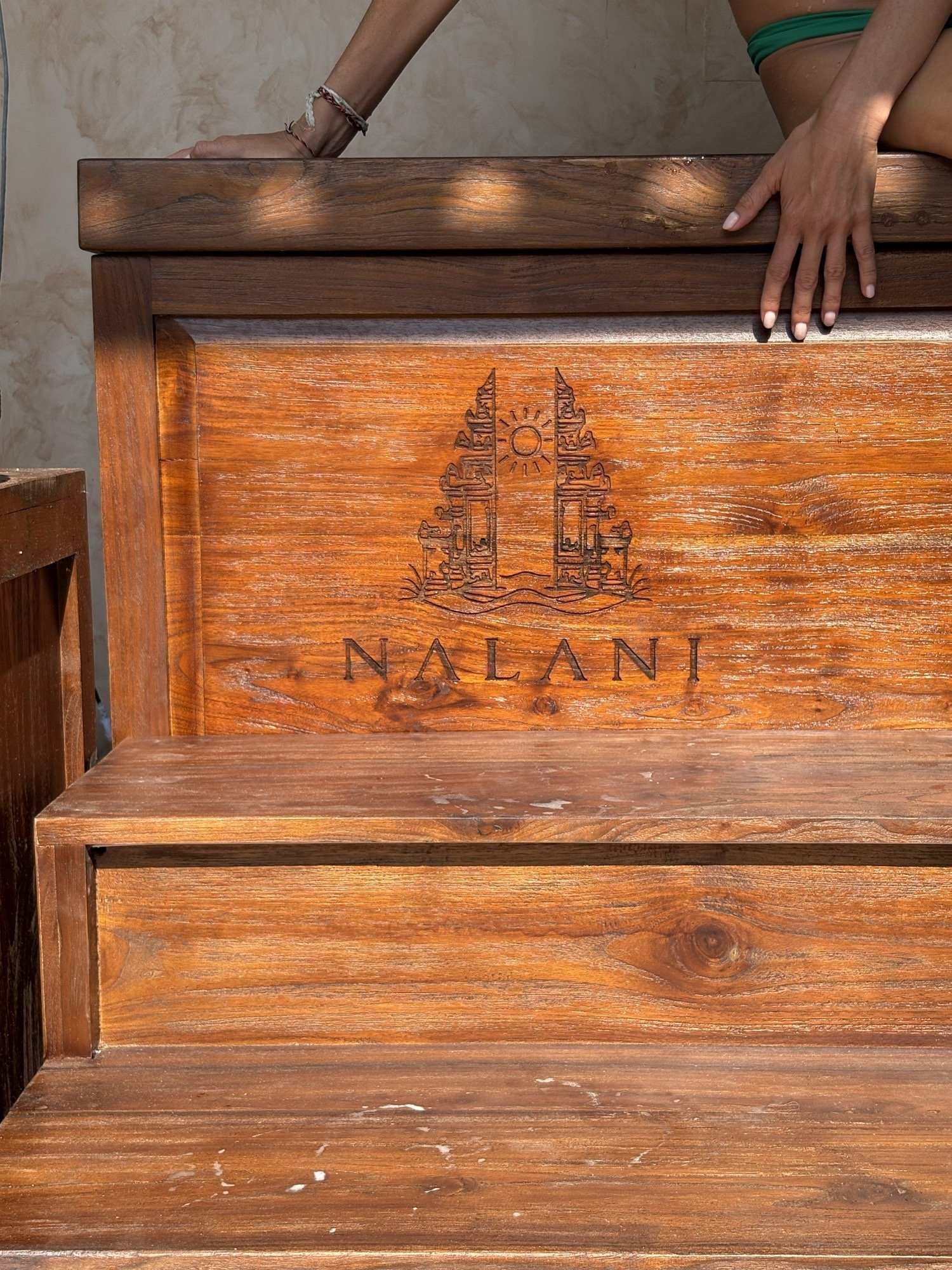 Close-up of the candi bentar gate and NALANI wordmark engraved into the teak front panel